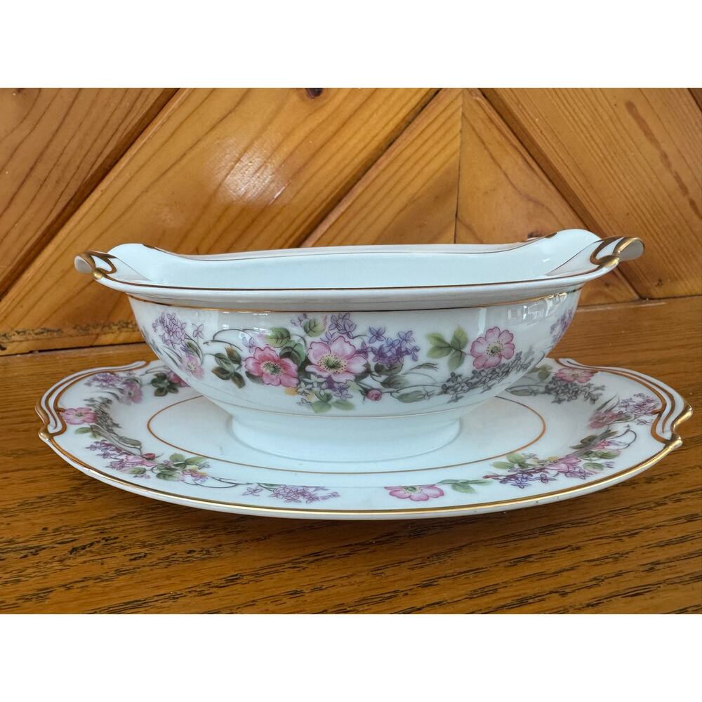 Noritake Roselane Gravy Boat With Underplate Floral Gold Trim Japan